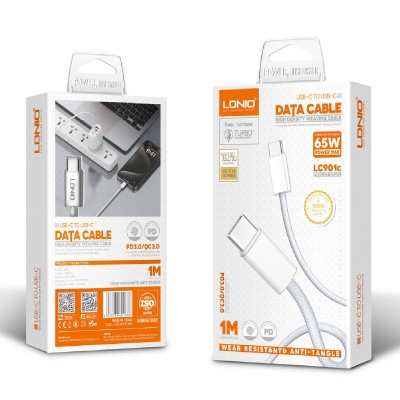 LDNIO καλώδιο USB-C LC901C, 65W PD, 480Mbps, 1m, λευκό LDNIO καλώδιο USB-C LC901C, 65W PD, 480Mbps, 1m, λευκό