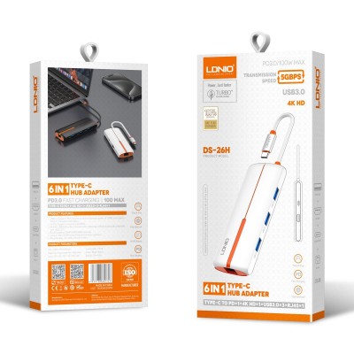 LDNIO docking station DS-26H, 6 θυρών, USB-C σύνδεση, 4K, 100W PD, λευκό LDNIO docking station DS-26H, 6 θυρών, USB-C σύνδεση, 4K, 100W PD, λευκό