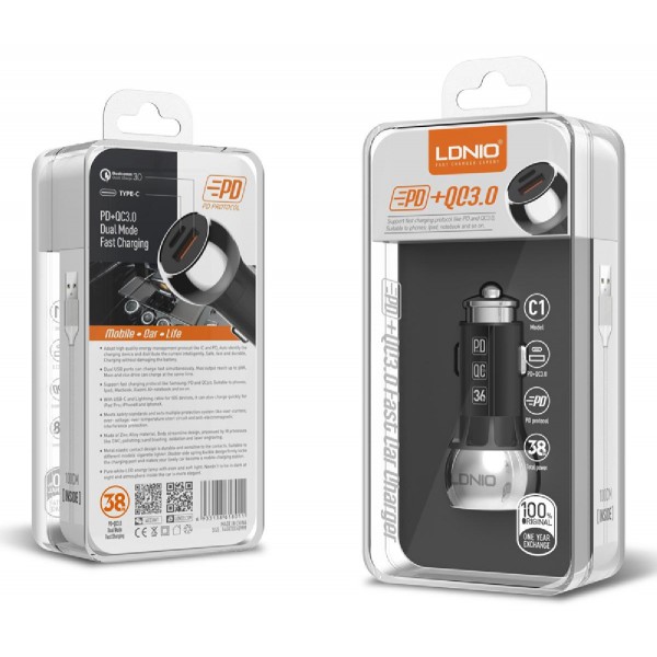 LDNIO φορτιστής αυτοκινήτου C1 με καλώδιο, USB & USB-C, 38W PD, μαύρος LDNIO φορτιστής αυτοκινήτου C1 με καλώδιο, USB & USB-C, 38W PD, μαύρος