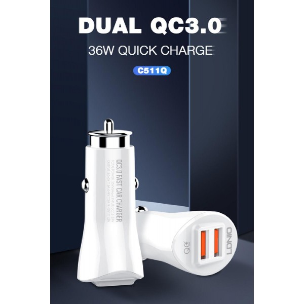 LDNIO φορτιστής αυτοκινήτου C511Q με καλώδιο, 2x USB, 36W, λευκός LDNIO φορτιστής αυτοκινήτου C511Q με καλώδιο, 2x USB, 36W, λευκός