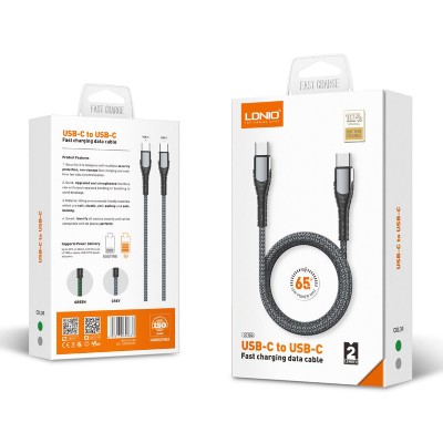 LDNIO καλώδιο USB-C σε USB-C LC102, 65W PD, 2m, γκρι LDNIO καλώδιο USB-C σε USB-C LC102, 65W PD, 2m, γκρι
