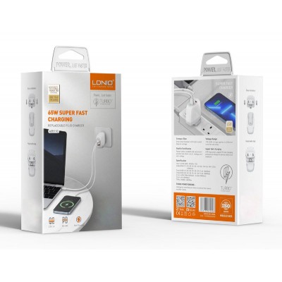 LDNIO φορτιστής τοίχου A3511Q με καλώδιο, USB-C/2x USB, 65W, GaN, λευκός LDNIO φορτιστής τοίχου A3511Q με καλώδιο, USB-C/2x USB, 65W, GaN, λευκός