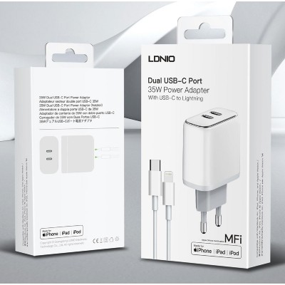 LDNIO φορτιστής τοίχου A2528M με καλώδιο, 2x USB-C, 35W, MFi, λευκό LDNIO φορτιστής τοίχου A2528M με καλώδιο, 2x USB-C, 35W, MFi, λευκό