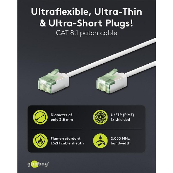 GOOBAY καλώδιο δικτύου 74362, CAT 8.1 U/FTP, slim, copper, 2000MHz, 3m, λευκό GOOBAY καλώδιο δικτύου 74362, CAT 8.1 U/FTP, slim, copper, 2000MHz, 3m, λευκό
