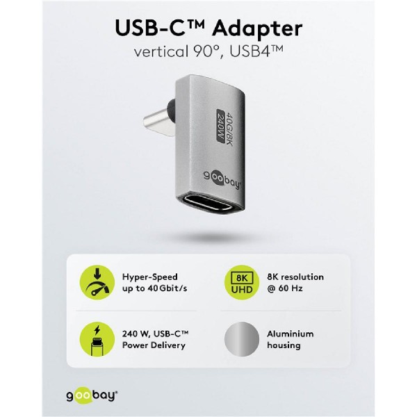 GOOBAY αντάπτορας USB-C 74442, γωνιακός 90°, USB4, 240W, 40Gbps, 8K, γκρι GOOBAY αντάπτορας USB-C 74442, γωνιακός 90°, USB4, 240W, 40Gbps, 8K, γκρι