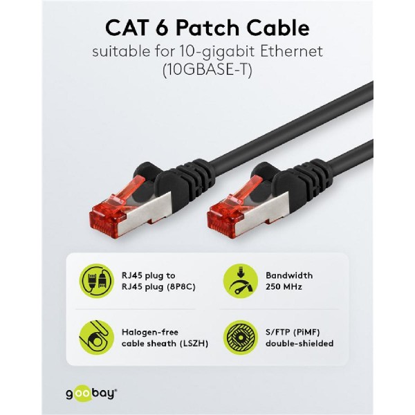GOOBAY καλώδιο δικτύου 92459, CAT 6 S/FTP, copper, 250MHz, 0.15m, μαύρο GOOBAY καλώδιο δικτύου 92459, CAT 6 S/FTP, copper, 250MHz, 0.15m, μαύρο
