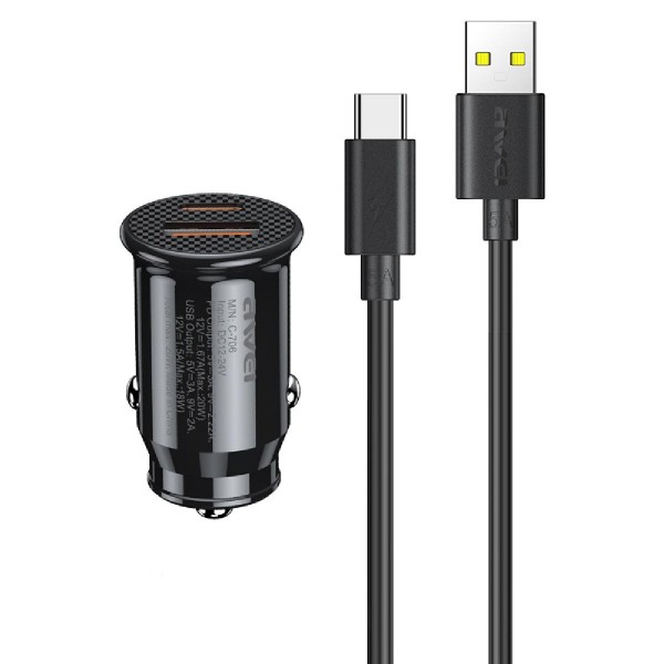 AWEI φορτιστής αυτοκινήτου με καλώδιο USB C-706, USB+Type-C, 20W, μαύρος