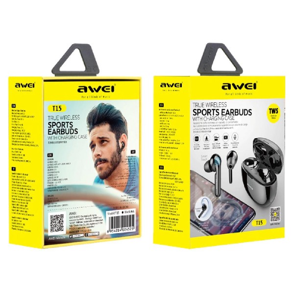 AWEI earphones με θήκη φόρτισης T15, True Wireless, μαύρα