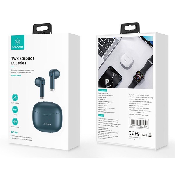 USAMS earphones IA04 με θήκη φόρτισης, True Wireless, μπλε