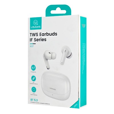 USAMS earphones με θήκη φόρτισης IF27, TWS, Φ13mm, 25/250mAh, λευκά USAMS earphones με θήκη φόρτισης IF27, TWS, Φ13mm, 25/250mAh, λευκά