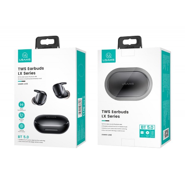 USAMS earphones με θήκη φόρτισης LX08, True Wireless, μαύρα