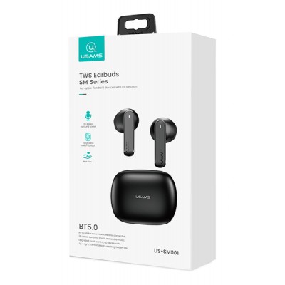 USAMS earbuds US-SM001 με θήκη φόρτισης, True Wireless, μαύρα USAMS earbuds US-SM001 με θήκη φόρτισης, True Wireless, μαύρα