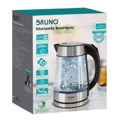 BRUNO βραστήρας νερού BRN-0143, 1.7L, 2200W, γυάλινος-Inox BRUNO βραστήρας νερού BRN-0143, 1.7L, 2200W, γυάλινος-Inox