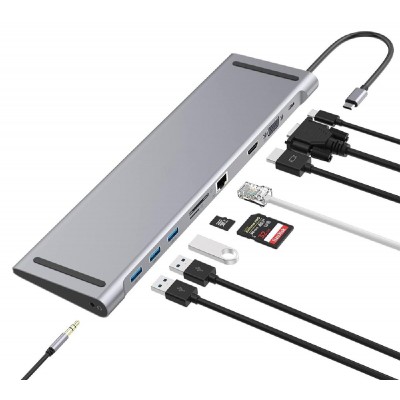 POWERTECH docking station CAB-UC080, 10 θυρών, βάση laptop, USB-C, γκρι POWERTECH docking station CAB-UC080, 10 θυρών, βάση laptop, USB-C, γκρι