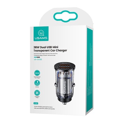 USAMS USB φορτιστής αυτοκινήτου US-CC122, 2x USB, 36W, διάφανος USAMS USB φορτιστής αυτοκινήτου US-CC122, 2x USB, 36W, διάφανος