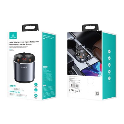 USAMS φορτιστής αυτοκινήτου C28 υποδοχές αναπτήρα & 3x ports, 245W, γκρι USAMS φορτιστής αυτοκινήτου C28 υποδοχές αναπτήρα & 3x ports, 245W, γκρι