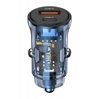 USAMS φορτιστής αυτοκινήτου US-CC164, USB & USB-C, 30W, μπλε