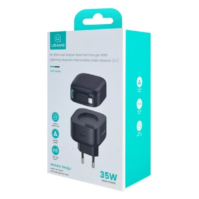 USAMS φορτιστής τοίχου US-CC209 καλώδιο Lightning, USB-C 35W GaN, μαύρος USAMS φορτιστής τοίχου US-CC209 καλώδιο Lightning, USB-C 35W GaN, μαύρος