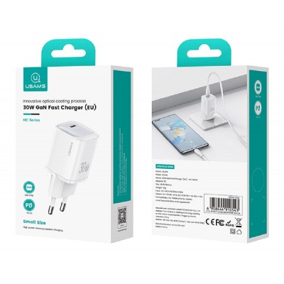 USAMS φορτιστής τοίχου US-CC251, USB-C, 30W, GaN, λευκός USAMS φορτιστής τοίχου US-CC251, USB-C, 30W, GaN, λευκός