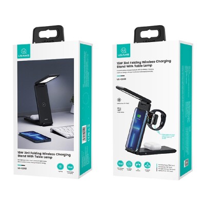 USAMS ασύρματος φορτιστής US-CD181 με φωτιστικό, 3 σε 1, 15W, μαύρος USAMS ασύρματος φορτιστής US-CD181 με φωτιστικό, 3 σε 1, 15W, μαύρος