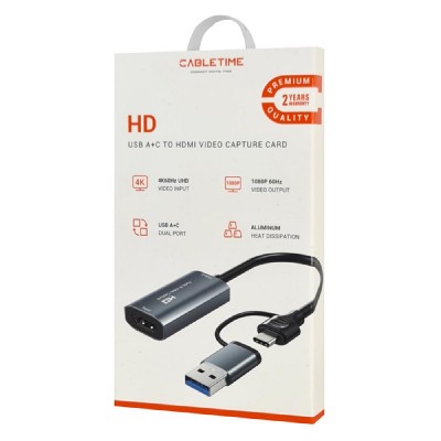 CABLETIME HDMI video capture CT-ACHC-AG, USB & USB-C, 4K/60Hz, γκρι CABLETIME HDMI video capture CT-ACHC-AG, USB & USB-C, 4K/60Hz, γκρι