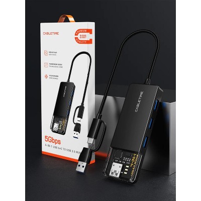 CABLETIME USB hub CT-HUBT3-PB, 4x θυρών, USB/USB-C σύνδεση, 5Gbps, μαύρο CABLETIME USB hub CT-HUBT3-PB, 4x θυρών, USB/USB-C σύνδεση, 5Gbps, μαύρο