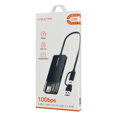 CABLETIME USB hub CT-HUBT5-PB, 4x θυρών, 10Gbps, USB/USB-C σύνδεση, μαύρο CABLETIME USB hub CT-HUBT5-PB, 4x θυρών, 10Gbps, USB/USB-C σύνδεση, μαύρο