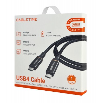 CABLETIME καλώδιο USB-C σε USB-C CT-USB4, 240W, 40Gbps, 8K/60Hz, USB4, 1m, μαύρο CABLETIME καλώδιο USB-C σε USB-C CT-USB4, 240W, 40Gbps, 8K/60Hz, USB4, 1m, μαύρο