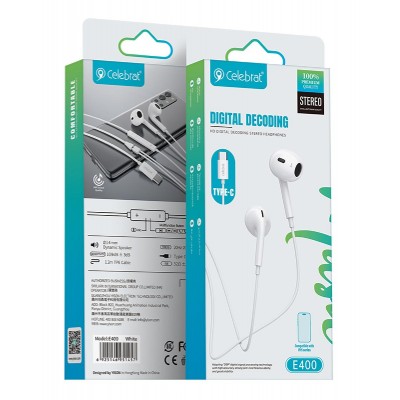CELEBRAT earphones με μικρόφωνο E400, USB-C σύνδεση, Φ14mm, 1.2m, λευκά CELEBRAT earphones με μικρόφωνο E400, USB-C σύνδεση, Φ14mm, 1.2m, λευκά
