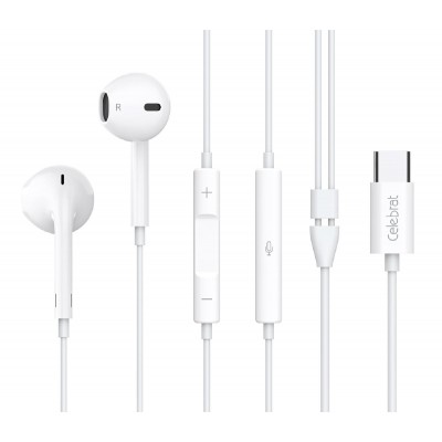 CELEBRAT earphones με μικρόφωνο E500, USB-C σύνδεση, Φ14mm, 1.2m, λευκά CELEBRAT earphones με μικρόφωνο E500, USB-C σύνδεση, Φ14mm, 1.2m, λευκά