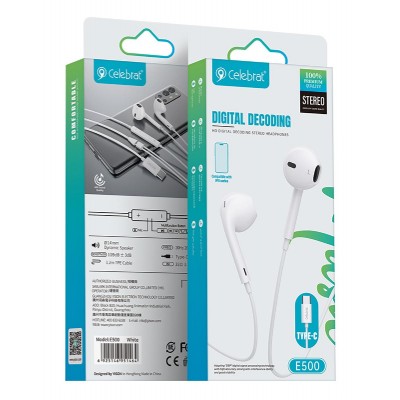 CELEBRAT earphones με μικρόφωνο E500, USB-C σύνδεση, Φ14mm, 1.2m, λευκά CELEBRAT earphones με μικρόφωνο E500, USB-C σύνδεση, Φ14mm, 1.2m, λευκά