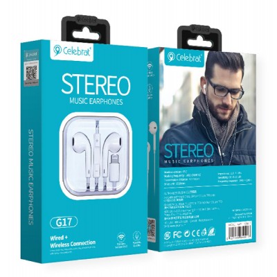 CELEBRAT earphones με μικρόφωνο G17, Lightning, 1.2m, λευκά CELEBRAT earphones με μικρόφωνο G17, Lightning, 1.2m, λευκά