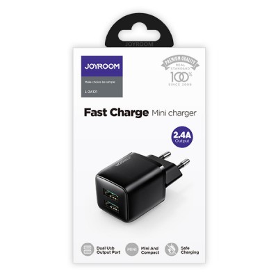 JOYROOM φορτιστής τοίχου L-2A121, 2x USB, 2.4A, μαύρος JOYROOM φορτιστής τοίχου L-2A121, 2x USB, 2.4A, μαύρος