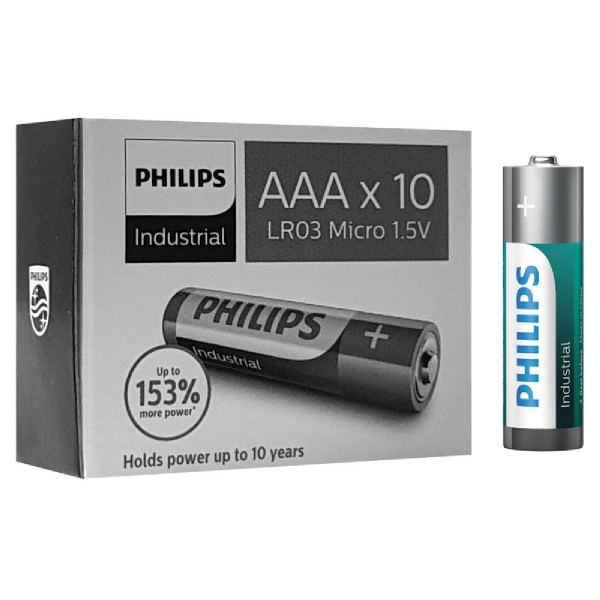 PHILIPS Industrial αλκαλικές μπαταρίες LR03I10C/10, AAA LR03 1.5V, 10τμχ