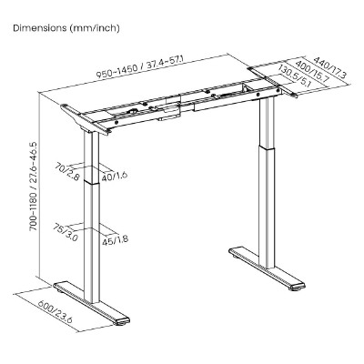 BRATECK σκελετός ηλεκτρικού γραφείου M12-22D, 95~145x60x70~118cm, μαύρο BRATECK σκελετός ηλεκτρικού γραφείου M12-22D, 95~145x60x70~118cm, μαύρο