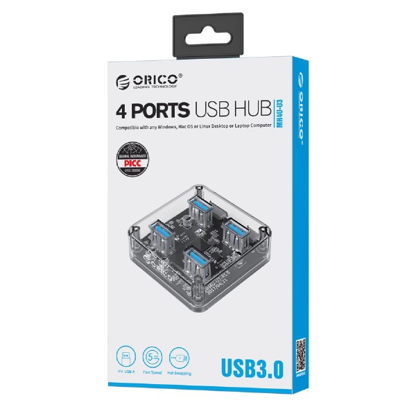 ORICO USB 3.0 Hub MH4U-U3, 4x USB3.0, 5Gbps, διάφανο