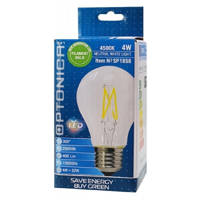 OPTONICA LED Λάμπα A60 Filament 1858, 4W, 4500K, E27, 400LM OPTONICA LED Λάμπα A60 Filament 1858, 4W, 4500K, E27, 400LM