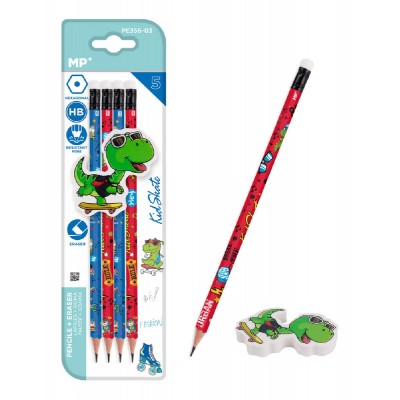 MP σετ ξύλινα μολύβια & γόμα Kid Skate PE356-03, εξάγωνα, HB, 5τμχ MP σετ ξύλινα μολύβια & γόμα Kid Skate PE356-03, εξάγωνα, HB, 5τμχ