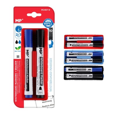 MP μαρκαδόροι & σφουγγάρι ασπροπίνακα PE487-9, 2/3mm μαύρος & μπλε, 2τμχ MP μαρκαδόροι & σφουγγάρι ασπροπίνακα PE487-9, 2/3mm μαύρος & μπλε, 2τμχ