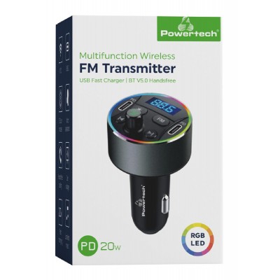 POWERTECH FM Transmitter PT-1027, οθόνη, RGB, Bluetooth 2x USB-C, μαύρος POWERTECH FM Transmitter PT-1027, οθόνη, RGB, Bluetooth 2x USB-C, μαύρος