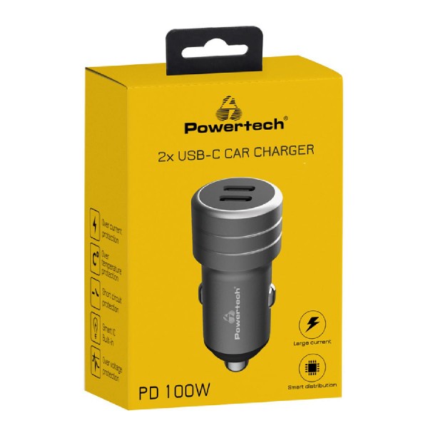 POWERTECH φορτιστής αυτοκινήτου PT-1149, 2x USB-C, 100W PD, γκρι POWERTECH φορτιστής αυτοκινήτου PT-1149, 2x USB-C, 100W PD, γκρι