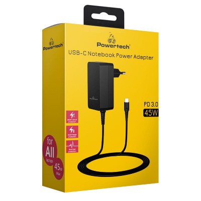 POWERTECH τροφοδοτικό laptop PT-1155, USB-C PD, universal, 45W, μαύρο POWERTECH τροφοδοτικό laptop PT-1155, USB-C PD, universal, 45W, μαύρο