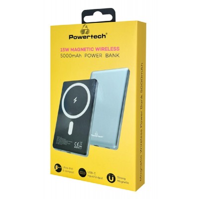 POWERTECH power bank PT-1171, 5000mAh, magnetic wireless, 15W, γκρι POWERTECH power bank PT-1171, 5000mAh, magnetic wireless, 15W, γκρι