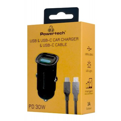 POWERTECH φορτιστής αυτοκινήτου PT-1229, καλώδιο, USB/USB-C, 30W, μαύρος POWERTECH φορτιστής αυτοκινήτου PT-1229, καλώδιο, USB/USB-C, 30W, μαύρος