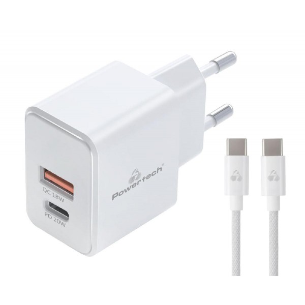 POWERTECH φορτιστής τοίχου PT-1248, καλώδιο, USB/USB-C, 20W, GaN, λευκός POWERTECH φορτιστής τοίχου PT-1248, καλώδιο, USB/USB-C, 20W, GaN, λευκός
