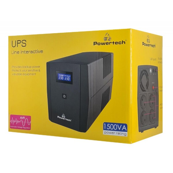 POWERTECH UPS Line Interactive PT-1297 με οθόνη, 1500VA, 900W, 4x Schuko, 2x RJ45/RJ11, USB Type B POWERTECH UPS Line Interactive PT-1297 με οθόνη, 1500VA, 900W, 4x Schuko, 2x RJ45/RJ11, USB Type B