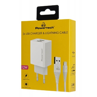 POWERTECH φορτιστής τοίχου PT-1325 με καλώδιο Lightning, 2x USB, 12W, λευκός