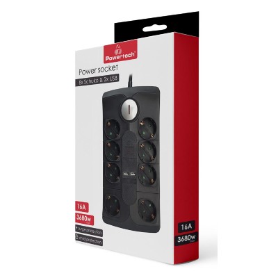 POWERTECH πολύπριζο ασφαλείας PT-995, 8x schuko & 2x USB, 16A, 2m, μαύρο POWERTECH πολύπριζο ασφαλείας PT-995, 8x schuko & 2x USB, 16A, 2m, μαύρο