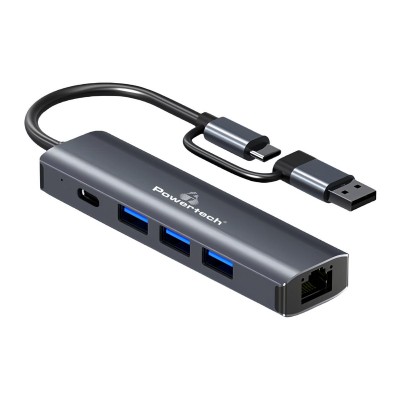 POWERTECH USB hub PTR-0150 με θύρα δικτύου, 4 θυρών, USB & USB-C, γκρι POWERTECH USB hub PTR-0150 με θύρα δικτύου, 4 θυρών, USB & USB-C, γκρι