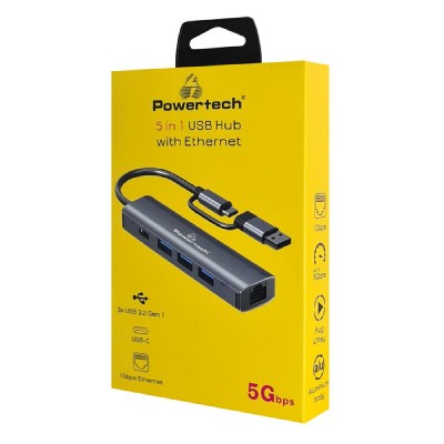 POWERTECH USB hub PTR-0150 με θύρα δικτύου, 4 θυρών, USB & USB-C, γκρι POWERTECH USB hub PTR-0150 με θύρα δικτύου, 4 θυρών, USB & USB-C, γκρι